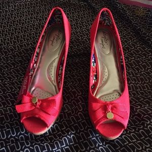 🆕 Coral & Brown Peep Toe Wedges Heels